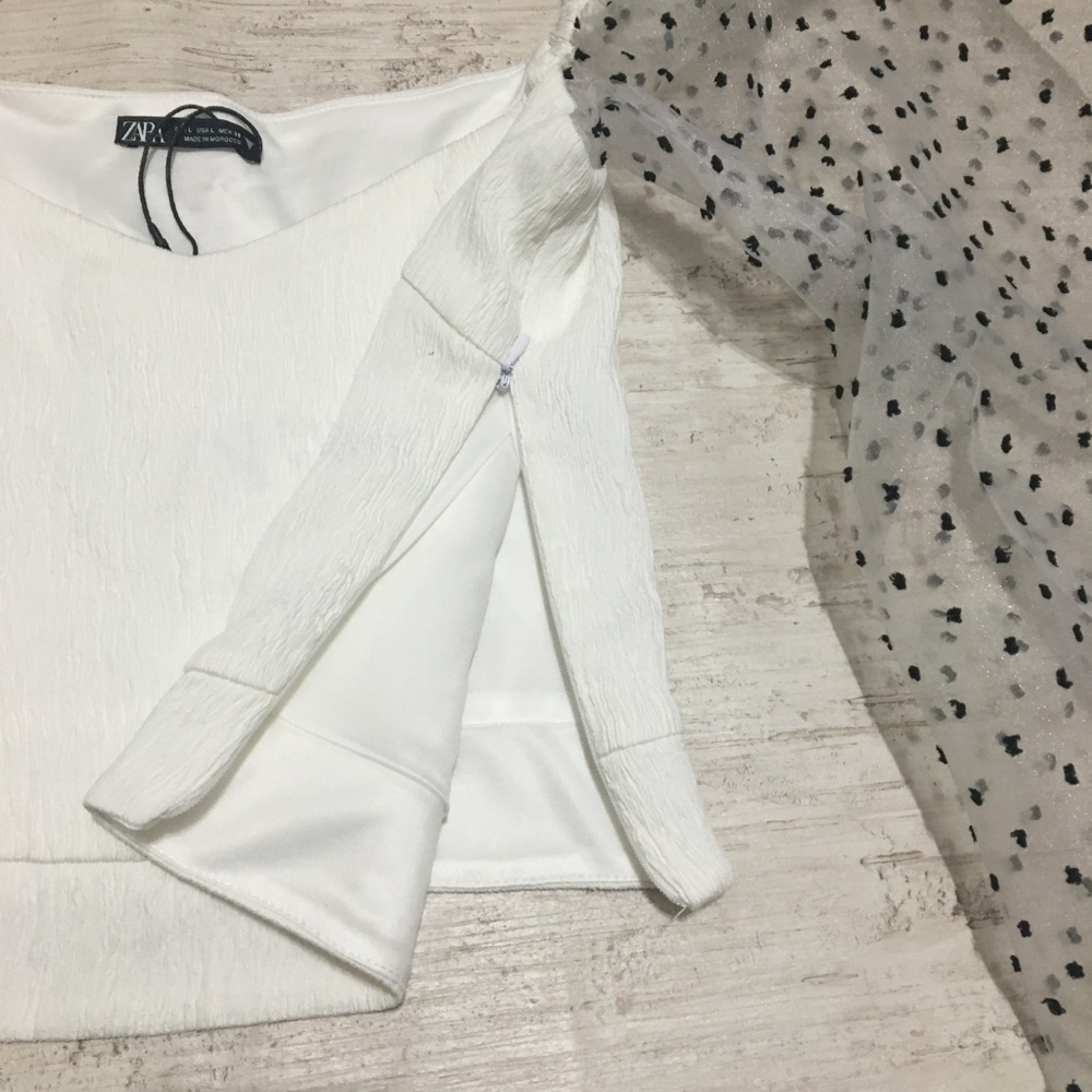 DOTTED MESH PUFF SLEEVES POLKA DOT CROP TOP - Picture 5 of 8